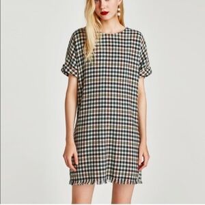 Zara Houndstooth Check Fringe Oversized Shift Dress Wool Tweed Plaid Size Small